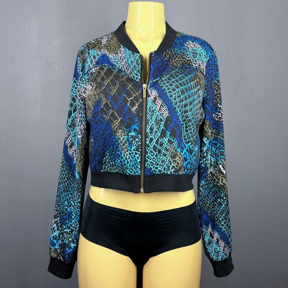 bebe Blue Snake Print Cropped Bomber Jacket Large